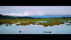 A fisherman rows back to check on his net at Loktak Lake. Hill ranges at the backdrop covered with ever changing shades of white and dark clouds, a vast water body covered with lotus plants and floating vegetation is a visual delight and a must see for all..